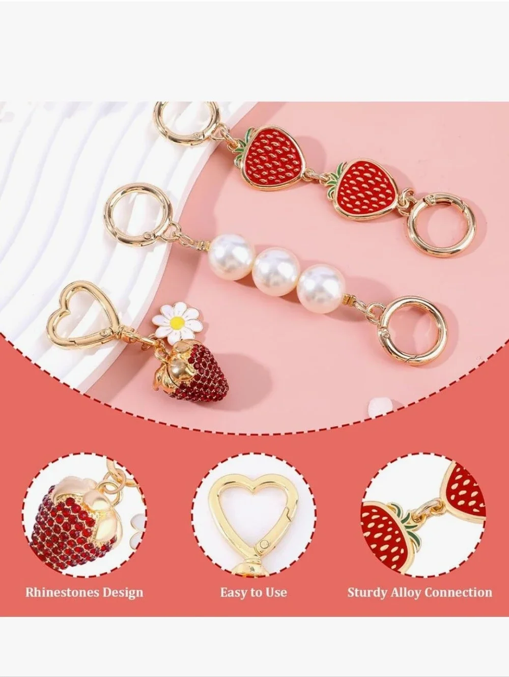 Luxury Rhinestone Strawberry & Pearl Gold Bag Charm Keychain Set - 3 Pcs
